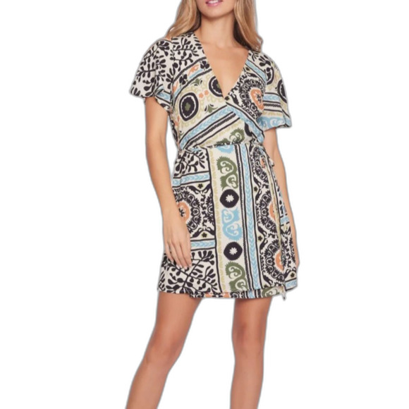 Lost + Wander Oracle Ivory Black Green Orange Wrap Print Mini Dress Size XS - Picture 1 of 13